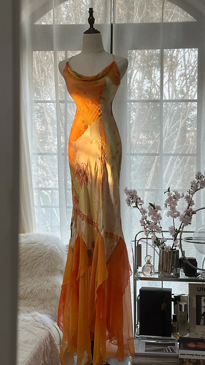 Orange halter-neck, fitted, elegant long ball gown R7698