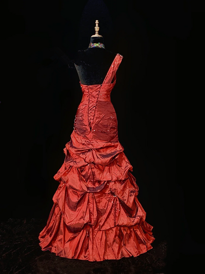 Red one-shoulder fitted waist ball gown with a full skirt R8690