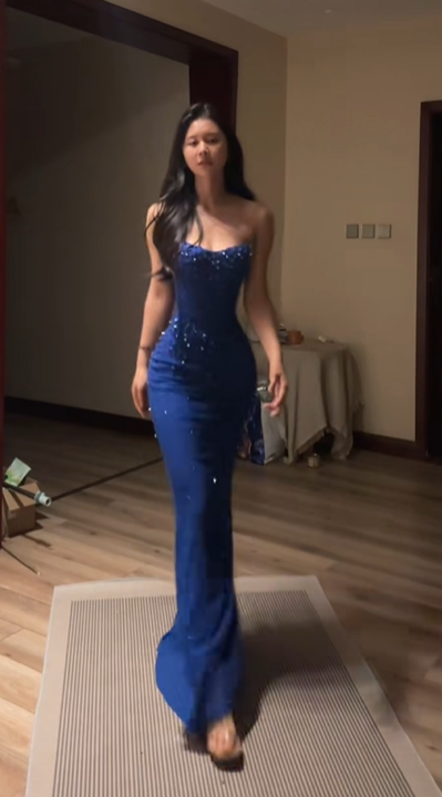 Dark blue strapless fitted waist bodycon sexy ball gown R8066