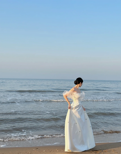 White one‑shoulder, waist‑cinched satin elegant long prom dress R7968