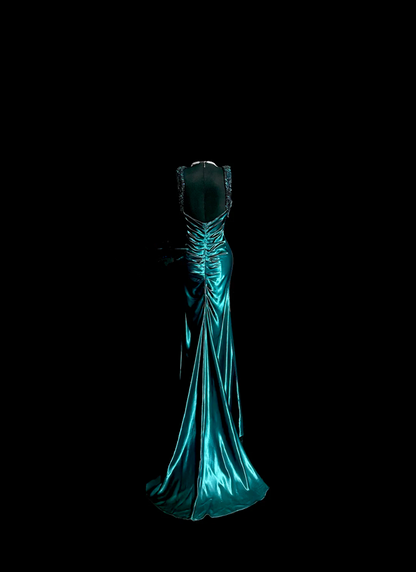 Lake blue halter-neck satin fitted long ball gown R6623