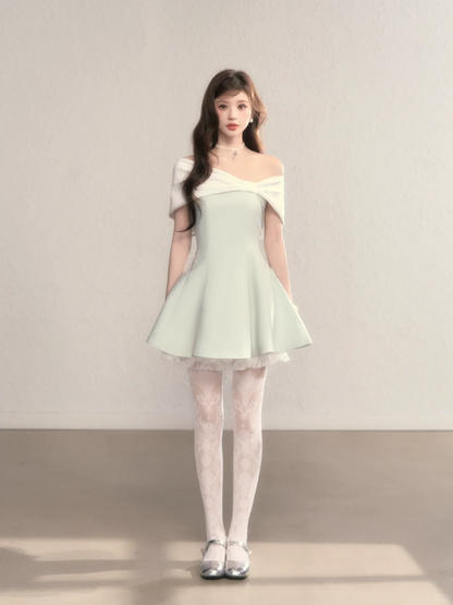 Gentle off-the-shoulder design with a slim waist and A-line short skirt for homecoming dress R5411