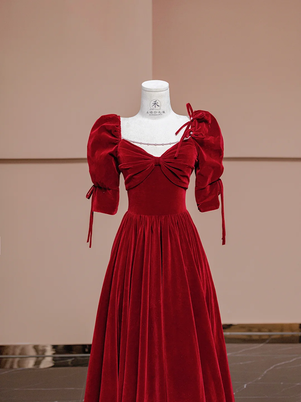 Deep red square neckline fitted waist long ball gown, bridal dress R8383