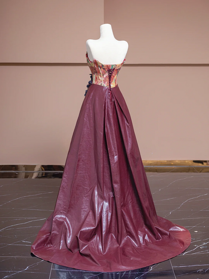 Vintage oil painting floral strapless cinched waist patchwork burgundy long ball gown, bridal dress R8321