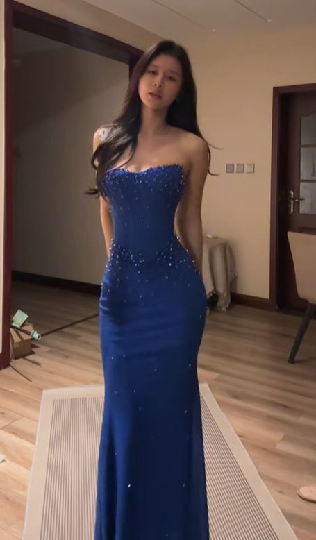Dark blue strapless fitted waist bodycon sexy ball gown R8066