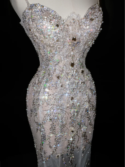 White suspender sequined diamond waist slim hip long skirt, prom dress R5632