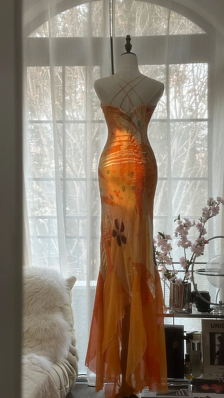 Orange halter-neck, fitted, elegant long ball gown R7698