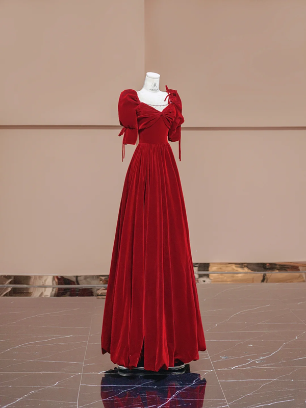 Deep red square neckline fitted waist long ball gown, bridal dress R8383