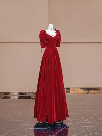 Deep red square neckline fitted waist long ball gown, bridal dress R8383