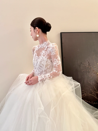 White lace top slim fit puffy skirt tulle long dress bridal gown R6064