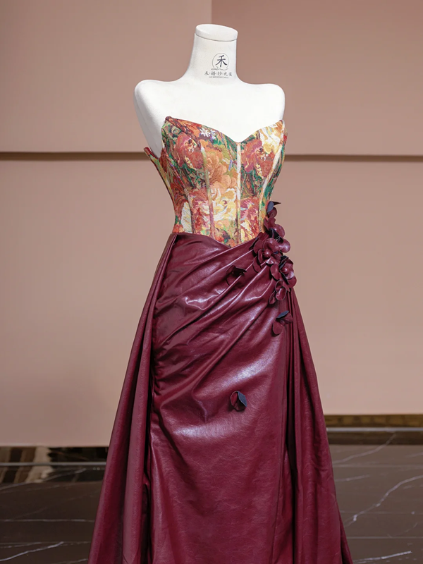 Vintage oil painting floral strapless cinched waist patchwork burgundy long ball gown, bridal dress R8321