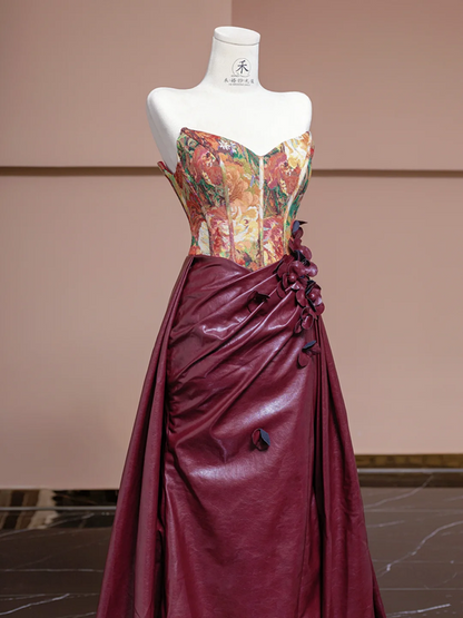 Vintage oil painting floral strapless cinched waist patchwork burgundy long ball gown, bridal dress R8321
