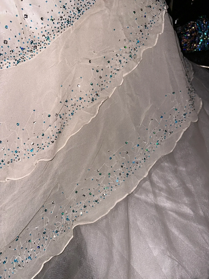 White strapless high-waisted beaded long ball gown, ethereal and charming R6942