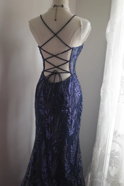Navy blue sequined halter-neck fitted bodycon long ball gown R6782