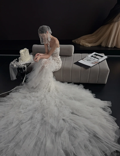 White Strapless Lace Waist Slim Fishtail Skirt Long Bridal Dress R6044