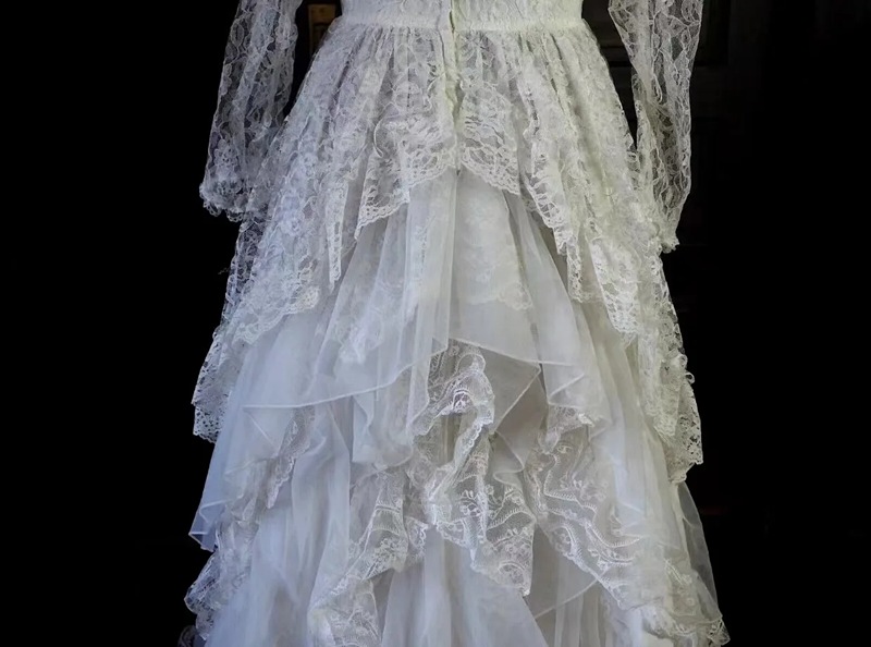 White lace square-neck long-sleeve ball gown with a cinched waist, vintage style and tiered cake skirt; bridal gown R7295