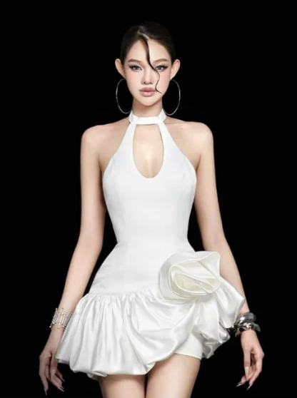 White halter neck hollow waist slim short irregular skirt dress homecoming dress R4890