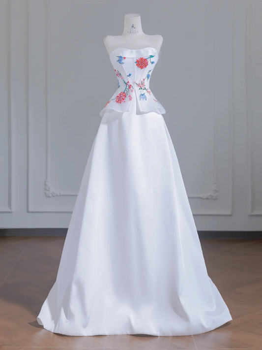 White strapless beaded floral dress with a fitted waist, A-line silhouette, and long ball gown R8243