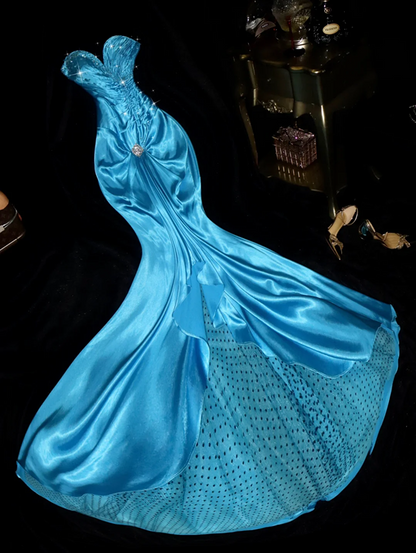 Blue strapless, fitted, bodycon mermaid long ball gown R7022