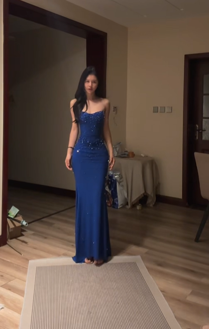 Dark blue strapless fitted waist bodycon sexy ball gown R8066