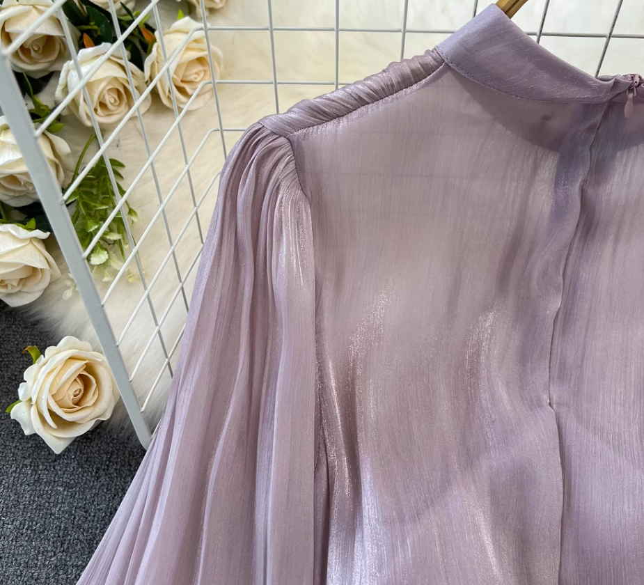 Spring and autumn lantern long sleeve stand collar waist slim pleated A-line dress holiday long skirt R0309