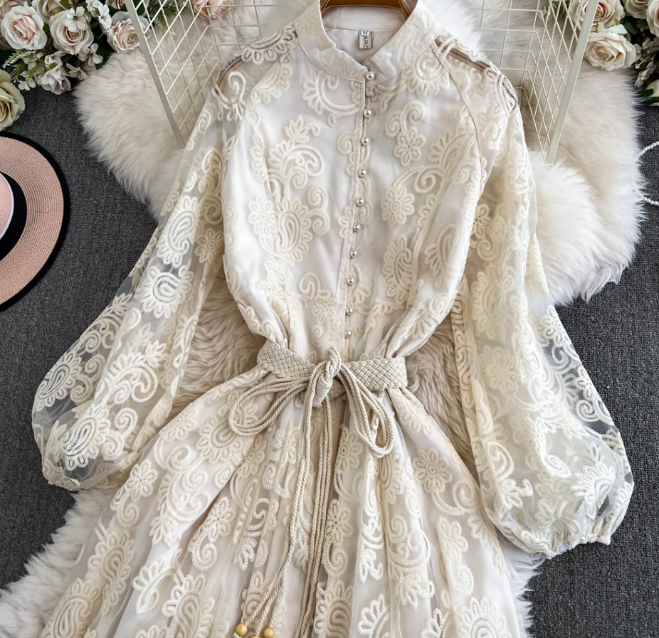 French elegant hollow embroidery dress Tutu skirt lace waist temperament fairy holiday style long skirt R0310