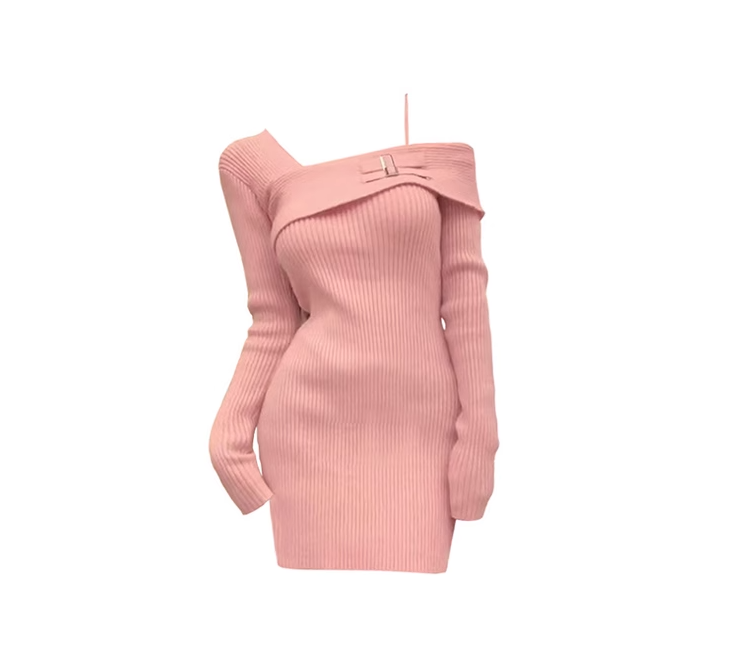 Hot girl off-shoulder knitted dress 2025 new design pure desire inner sweater dress slimming R0148
