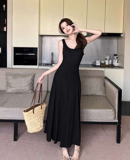 Temperament I-shaped vest dress design niche waist-revealing long skirt R0663