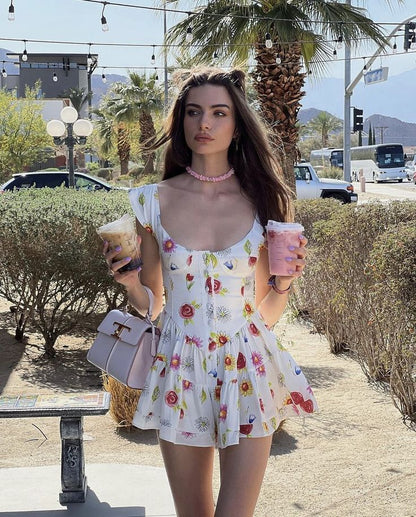 White Printed Low Cut Sexy Waist Short Skirt Homecoming Dress R3301