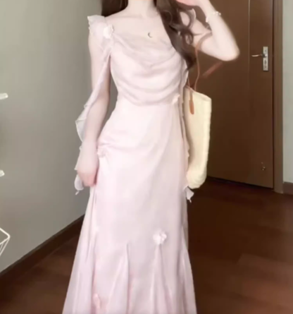 Pink small flying sleeve dress beautiful fairy dress medium length R0700