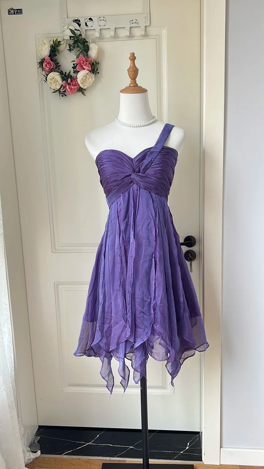 New Homecoming Dress One Shoulder Pleated Back to School Outfits Party Dress  D6469