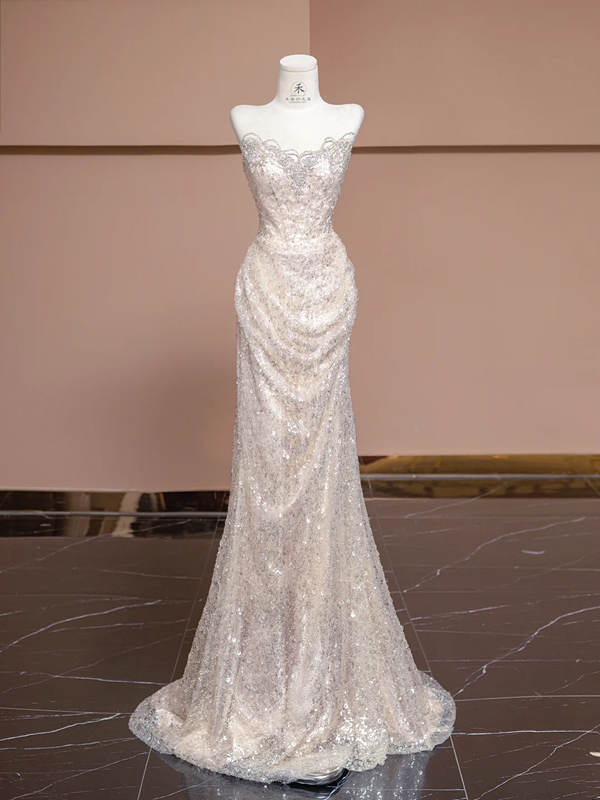 Light pink strapless, fitted, bodycon, sexy long ball gown/bridal dress R8322