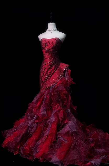 Burgundy strapless fitted waist long sexy and elegant ball gown R8687