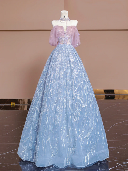 Light pink off-the-shoulder, fitted waist, long ball gown with light blue skirt; bridal gown R8351