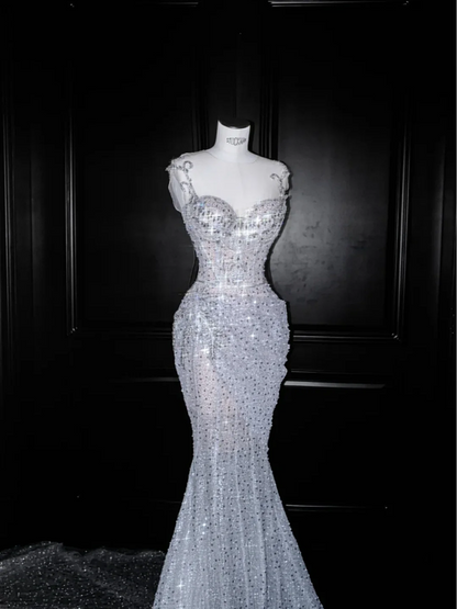 White suspender sequined waist slim hip fishtail long skirt, prom dress R5669