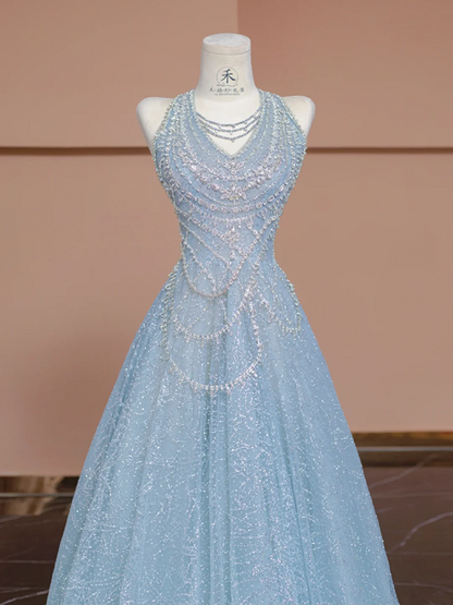 Light blue halter neck fitted waist A-line skirt long ball gown/bridal dress R8294