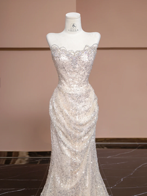Light pink strapless, fitted, bodycon, sexy long ball gown/bridal dress R8322