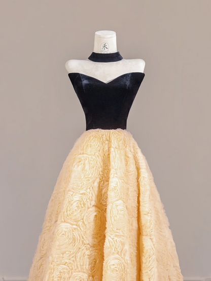 Black strapless bodice with apricot rose floral skirt, long ball gown R8264