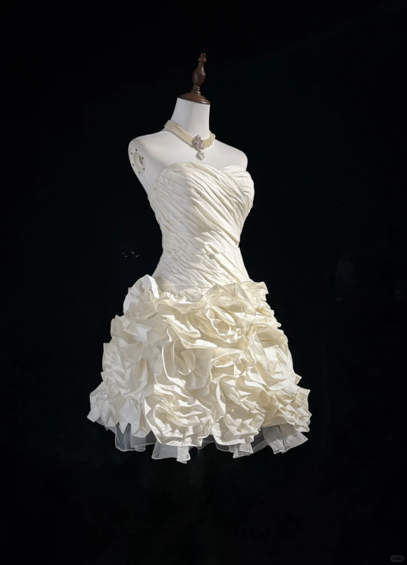 White tube top pleated waist bud skirt short skirt homecoming dress R4931