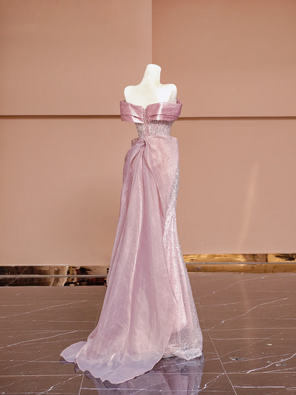 Light pink off-shoulder fitted waist bodycon sexy long ball gown R8409