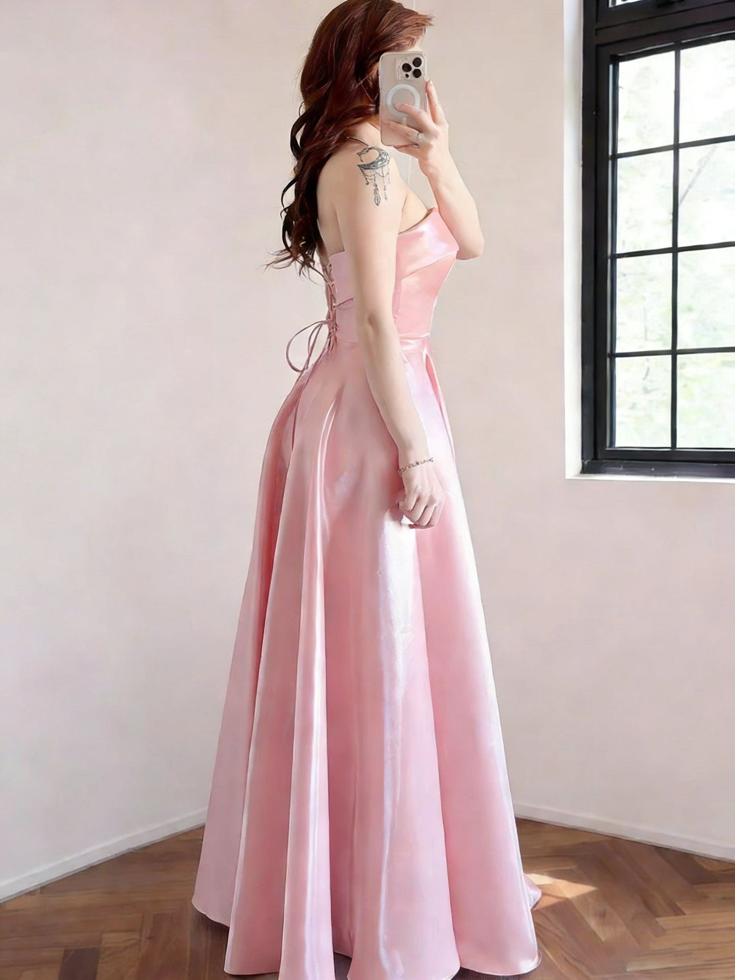Pretty Pink Strapless Satin A Line Long Party Dress Formal Wedding Guest Dress SP1679