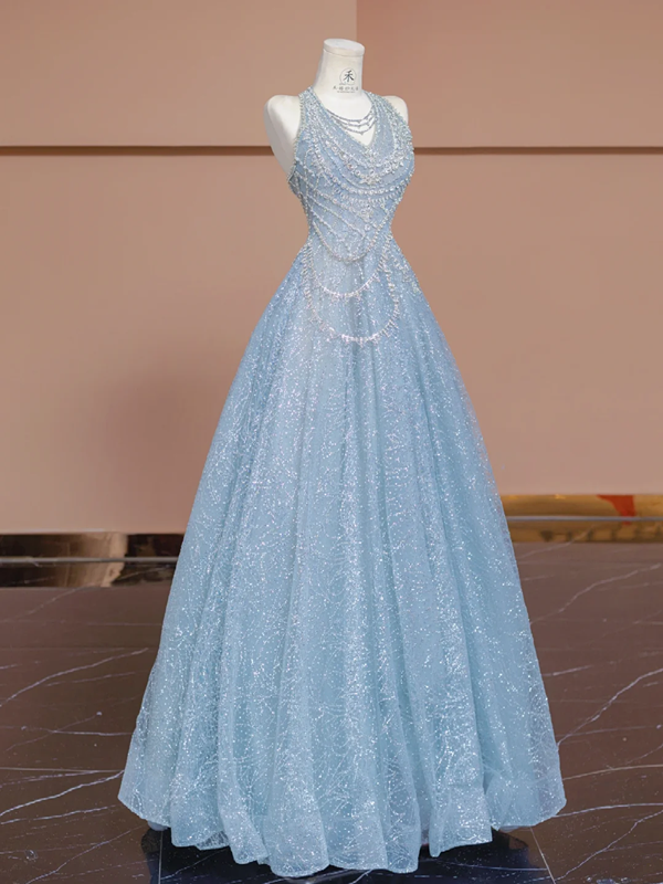Light blue halter neck fitted waist A-line skirt long ball gown/bridal dress R8294