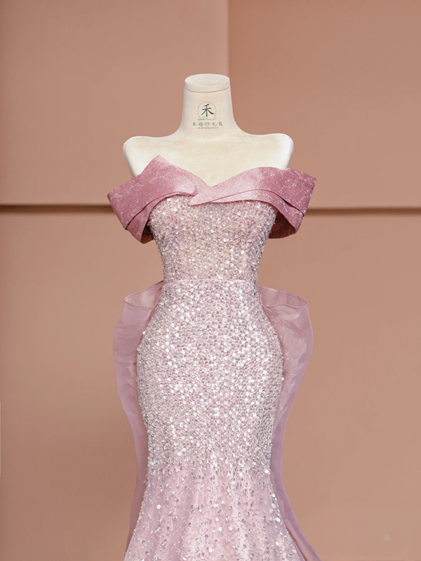 Light pink off-shoulder fitted waist bodycon sexy long ball gown R8409