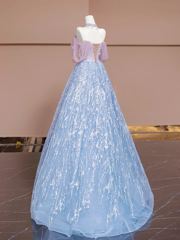 Light pink off-the-shoulder, fitted waist, long ball gown with light blue skirt; bridal gown R8351