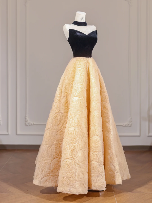 Black strapless bodice with apricot rose floral skirt, long ball gown R8264