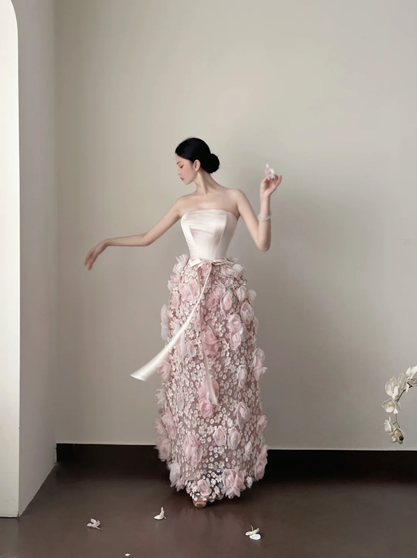 Light pink strapless, waist‑cinched, 3D floral ruffle hem, long prom dress R7969