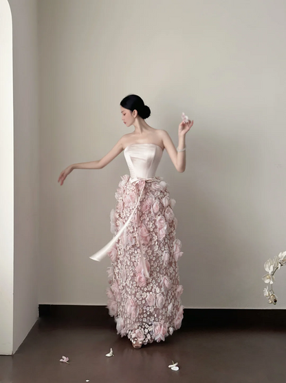 Light pink strapless, waist‑cinched, 3D floral ruffle hem, long prom dress R7969