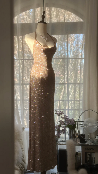 Champagne-colored halter-neck, fitted waist, bodycon long ball gown R7699