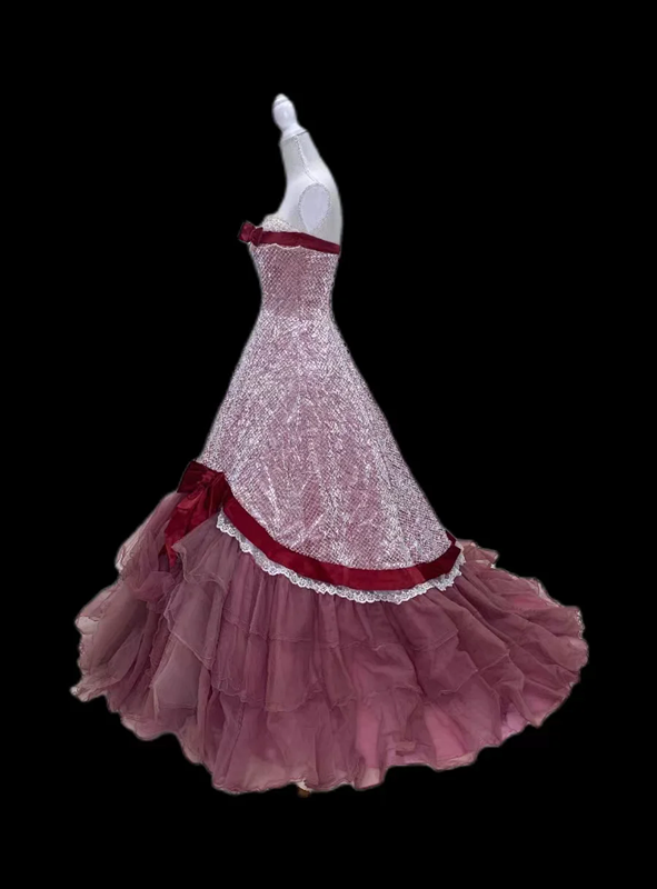 Pink strapless ball gown with a cinched waist and an A-line skirt; bridal gown R7296