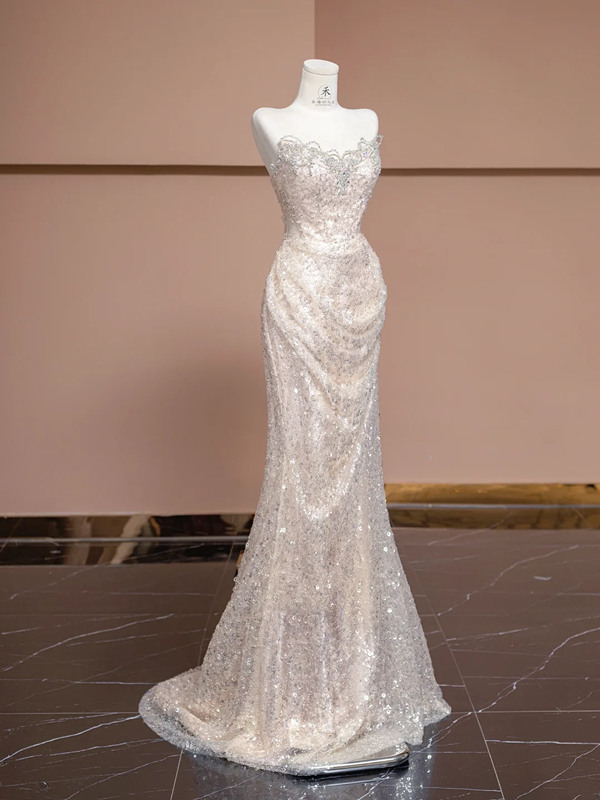 Light pink strapless, fitted, bodycon, sexy long ball gown/bridal dress R8322
